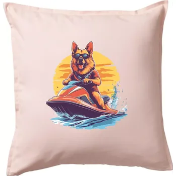 Polštář Německý ovčák na vodním skútru - Polštář 50x50 - 50x50 - Včetně výplně ( Světle růžová )