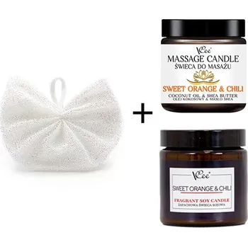 Masážní přípravek Sada VCee - svíčka s vůní sladkého pomeranče a chilli a masážní svíčka s exfoliačním tělovým mlékem