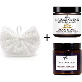 Masážní přípravek Sada VCee - svíčka s vůní čoko a kakaa a masážní svíčka s exfoliačním tělovým mlékem