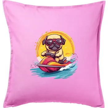 Polštář Mops na vodním skútru - Polštář 50x50 - 50x50 - Pouze potah ( Růžová )