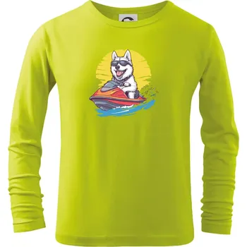 Dětská móda Husky na vodním skútru - Triko dětské Long Sleeve - 146 cm/10 let ( Limetková )