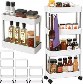 Koupelnový nábytek KOUPELNOVÁ POLICE SKŘÍŇKA KUCHYŇSKÝ REGÁL MOBILNÍ NA KOLEČKÁCH 4 PATRA BÍLÁ