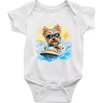 Kojenecké oblečení Yorkšírský teriér na vodním skútru - Body kojenecké s krátkým rukávem - Krátký r. 12-18 měs ( Bílá )