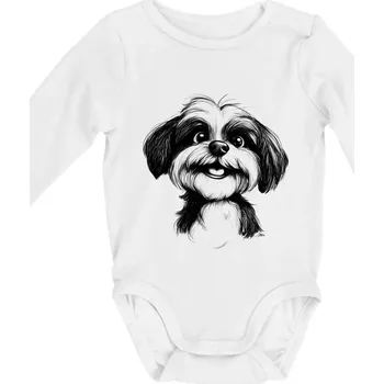 Kojenecké oblečení Lhasa Apso karikatura hlava - Body kojenecké s dlouhým rukávem - Dlouhý r. do 3 měs ( Bílá )