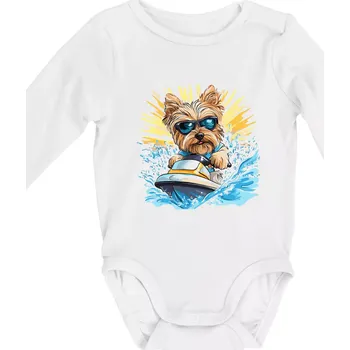 Yorkšírský teriér na vodním skútru - Body kojenecké s dlouhým rukávem - Dlouhý r. 3-6 měs ( Bílá )