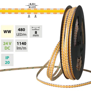 LED páska LED pásek COB WW, 480LED/m, 12W/m, DC 24V, 1140lm/m, CRI90, IP20, modul 8,33mm, 8mm, 5m