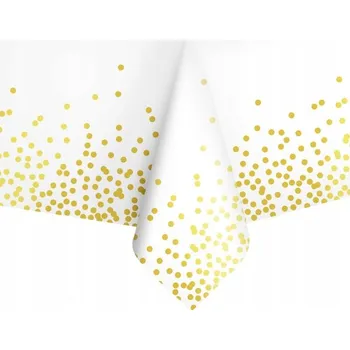ubrus Jednorázový ubrus bílý s motivem zlatých teček, konfety, na narozeniny, 137 x 274 cm