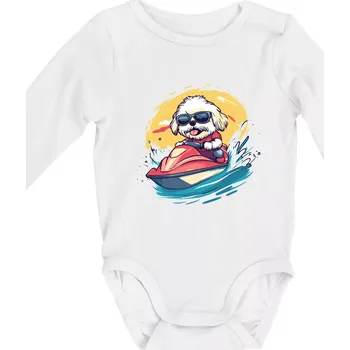 Lhasa Apso na vodním skútru - Body kojenecké s dlouhým rukávem - Dlouhý r. 3-6 měs ( Bílá )