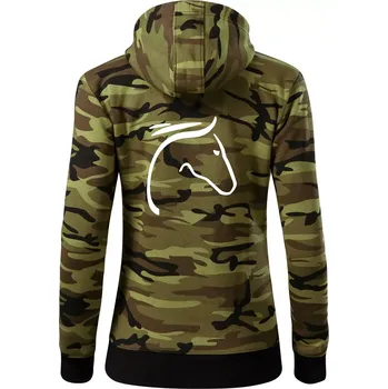 Dámská mikina Kůň - hlava silueta - Dámská mikina trendy zipper s kapucí - S ( Zelený maskáč )