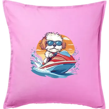 Polštář Bišonek na vodním skútru - Polštář 50x50 - 50x50 - Pouze potah ( Růžová )