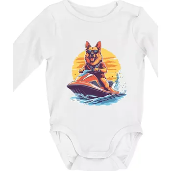 Kojenecký body Německý ovčák na vodním skútru - Body kojenecké s dlouhým rukávem - Dlouhý r. do 3 měs ( Bílá )