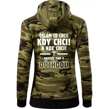 Dámská mikina Dělám co chci, kdy chci důchod - Dámská mikina trendy zipper s kapucí - 2XL ( Zelený maskáč )