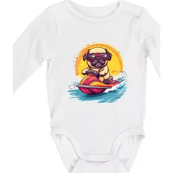 Kojenecký body Mops na vodním skútru - Body kojenecké s dlouhým rukávem - Dlouhý r. do 3 měs ( Bílá )