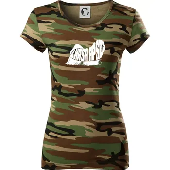 Dámské tričko Lhasa Apso nápis v těle - Dámské maskáčové triko - XS ( Hnědý maskáč )