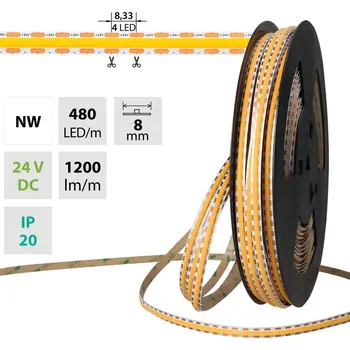 LED páska LED pásek COB NW, 480LED/m, 12W/m, DC 24V, 1200lm/m, CRI90, IP20, modul 8,33mm, 8mm, 5m