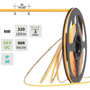 LED páska LED pásek COB NW, 320LED/m, 6W/m, DC 24V, 666lm/m, CRI90, IP20, modul 50mm, 3mm, 5m
