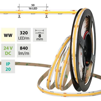 LED páska LED pásek COB WW, 320LED/m, 8W/m, DC 24V, 840lm/m, CRI90, IP20, modul 50mm, 8mm, 5m