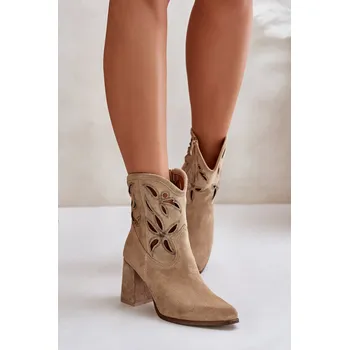 Dámské kozačky Velurové Prodyšné Botky Na Podpatku Lewski 3629 Barva: Béžová, Velikost: 39