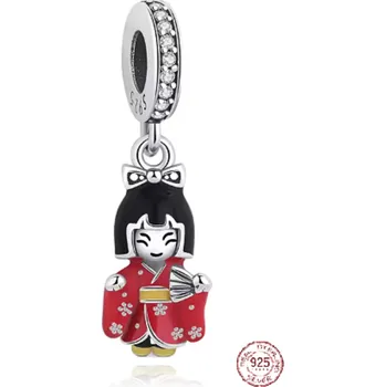 Přívěsek Charm Sterlingové stříbro 925 Japonská panenka Kokeshi v červeném kimonu, Gejša, přívěsek na náramek cestování