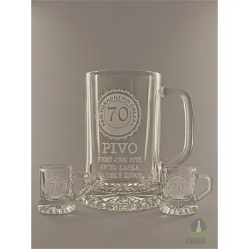 Sklenice Pískovaný půllitr s uchem + dva panáky - 70 let