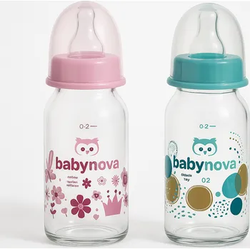 Baby Nova Kojenecká skleněná láhev se standardním hrdlem 0-24m 120 ml - růžová/zelená