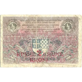 KRÁLOVSTVÍ SHS. 2 krune / 1/2 dinara 1919. Přetisk.