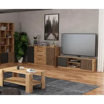 Obývací stěna Systém Kris dub wotan / černá s lamelami, obývací sestava C