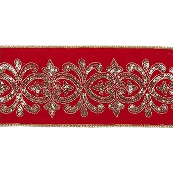 Vánoční dekorace LAALU Stuha - luxusní, sametová červená s dekorem, 10 cm x 4,5 m