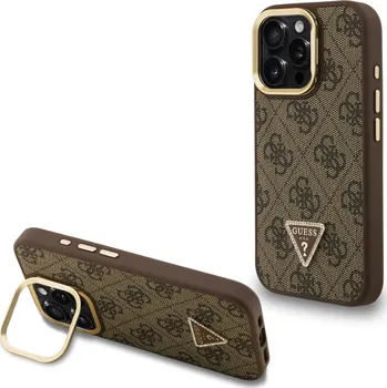 Náhradní kryt pro mobilní telefon Guess PU 4G Strass Triangle Logo Stand Camera Frame MagSafe zadní kryt pro iPhone 15 Pro Brown