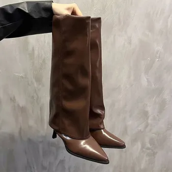 Dámské kozačky Dámské široké kožené kozačky s podpatkem Velikost: 37, Barva (Varianta): Brown fine heel