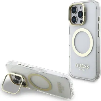 Náhradní kryt pro mobilní telefon Guess IML Gold Outline Stand Camera Frame MagSafe zadní kryt pro iPhone 16 Pro Max Transparent