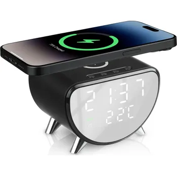 Budík Interlook Chytrý LED budík s 15W Qi nabíječkou, teploměrem a 3 budíky | USB hodiny do ložnice | SZ07-15W-BR