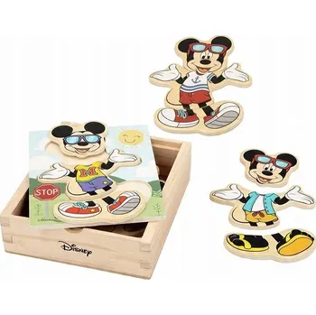 Dřevěná hračka MICKEY Mouse vkládačka dřevěná "Obleč Mickeyho" 19 ks v dřevěné krabičce ve