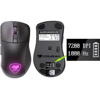 Myš Cougar gaming COUGAR herní myš bezdrátová SURPASSION RX 2.4GHz čip PMW3330 72000dpi RGB LED, LCD screen CGR-SURRX