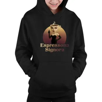 Žertovný předmět Espressona Signora - Italian Brainrot - žena s kávou - dětská mikina s kapucí- Tričkový.cz