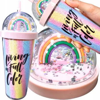 DĚTSKÝ HRNEK SE SLÁMKOU 450ML DUHA RŮŽOVÝ LAHEV NA PITÍ Brokátový ozdobný dámský