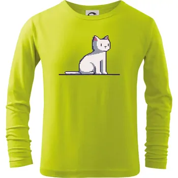 Dětská móda Kočka bílá pixel - Triko dětské Long Sleeve - 158 cm/12 let ( Limetková )