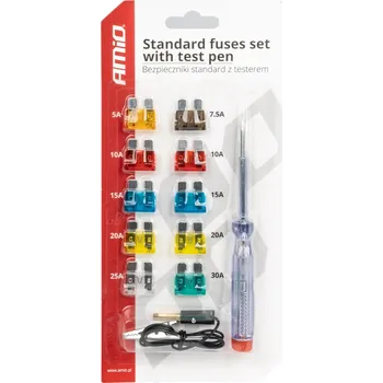 Autopojistky Sada autopojistek STANDARD s testerem napětí AMIO