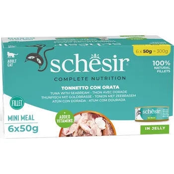 Krmivo pro kočku 6x50g Schesir Complete Nutrition Filet v želé - tuňák s pražmou