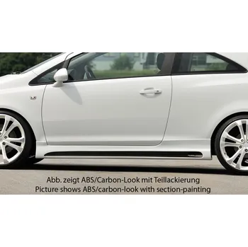 PC tuning Rieger boční práh mont. strana levá pro Opel Corsa D 3-dvéř. vč. faceliftu, r.v. 01/11-, 07/06-12/10, plast ABS s povrchovou úpravou Carbon-Look, s prolisem a výřezem