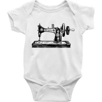 Kojenecký body Šicí stroj - starý kreslený - Body kojenecké s krátkým rukávem - Krátký r. 12-18 měs ( Bílá )