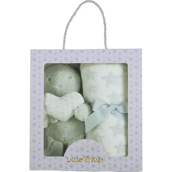 plyšák Světle modrý zajíc s dečkou od firmy Llopis (Set caja asa manta coral 100 x 75 cm conejo estreja 24 cm)