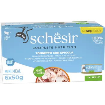 Krmivo pro kočku 6x50g Schesir Complete Nutrition Filet v želé - tuňák s mořským vlkem