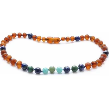 Náhrdelník Jantarové korálky barvy koňaku s lapisem lazuli, amazonitem a jadeitem pro děti délka cca 32 cm