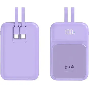 Powerbanka Bezdrátová Powerbanka se 2 vestavěnými kabely, 5000mAh, USB-C + Lightning, 15W, fialová