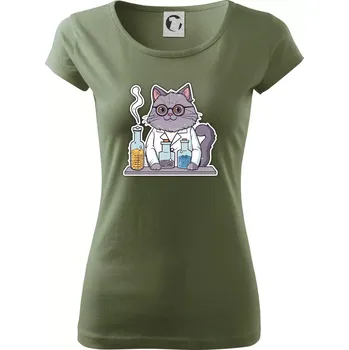 Dámské tričko Kočka chemik - Dámské triko Pure - L ( Khaki )
