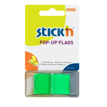 Samolepící bloček Plastové samolepicí záložky Stick'n POP-UP 45 × 25 mm, 50 lístků, neonově zelené