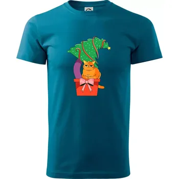 Kočka a stromeček - Klasické pánské triko vyšší gramáže - S ( Petrolejová )