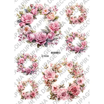 Výtvarný papír Rýžový a soft papír na decoupage - Květinové věnečky - KB01556 Materiál: Rýžový papír, Rozměr: A4