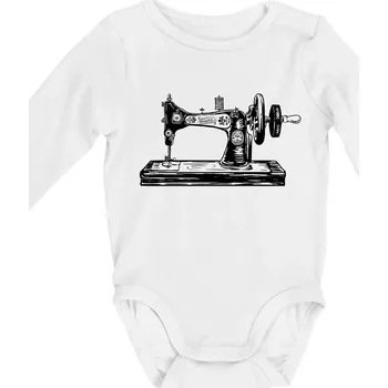 Šicí stroj - starý kreslený - Body kojenecké s dlouhým rukávem - Dlouhý r. 3-6 měs ( Bílá )
